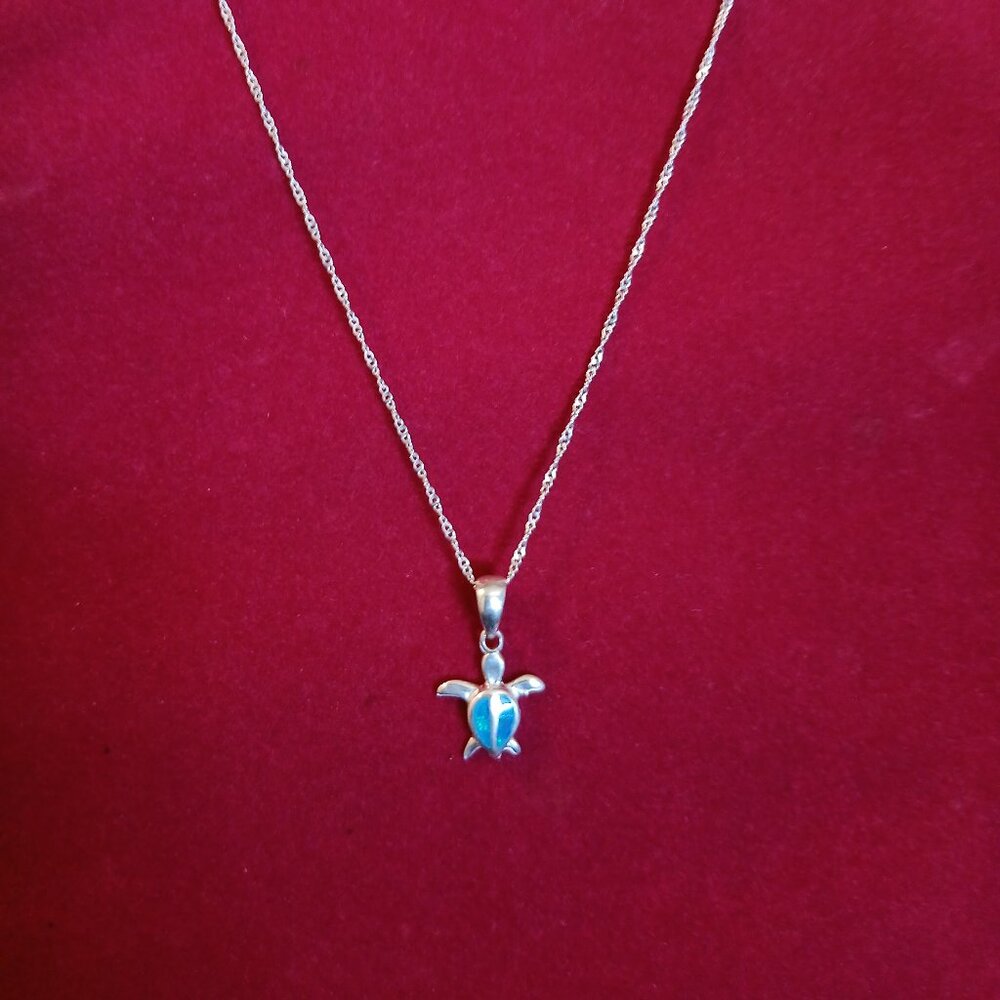 Blue Opal Turtle Pendant and Necklace
